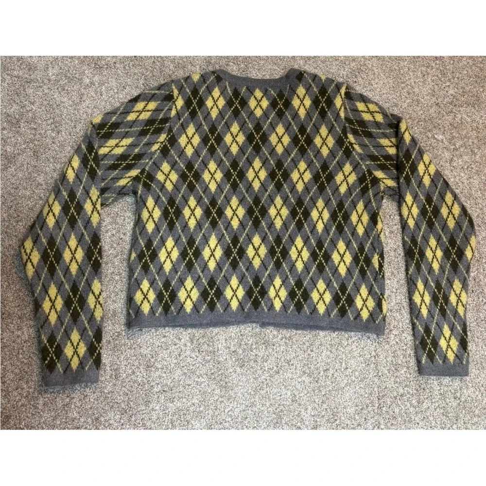 Willow & Wind Argyle Cardigan Sweater Womens Large Grey Yellow Gold Crest Button